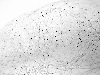 Abstract connected dots and lines. AI technology, Motion of digital data flow. Communication and technology network concept with moving lines and dots. 3D rendering. White background. Black and white