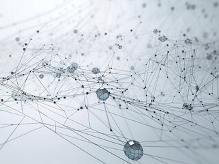 Abstract connected dots and lines. AI technology, Motion of digital data flow. Communication and technology network concept with moving lines and dots. 3D rendering. White background. Black and white