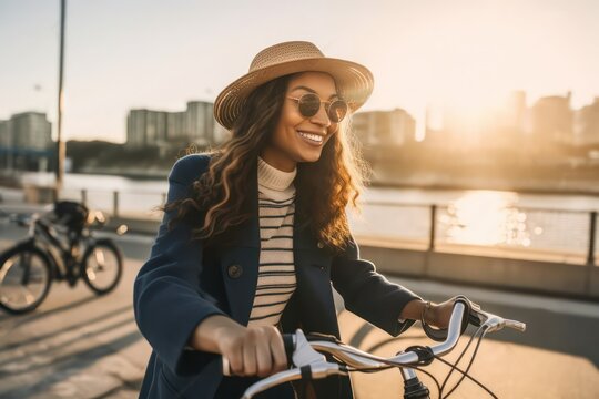 Young joyful woman riding her bicycle to work on a sunny morning, embodying an eco-friendly and healthy lifestyle while enjoying her daily commute, generative ai