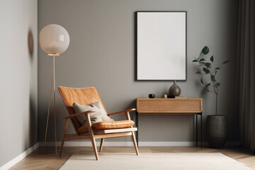 Modern Mockup with Leather Chair, Wood Furniture, and Black Vertical Frame, AI Generative
