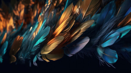 abstract background.blue and gold lush bird feathers on a dark background. generative AI