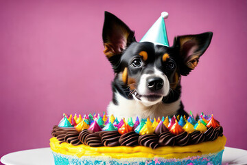 Puppy party time with a delicious cake. Generative AI