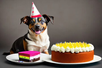 Puppy party time with a delicious cake. Generative AI