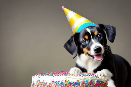 Puppy party time with a delicious cake. Generative AI