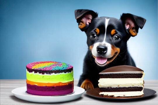 A cute brown and white puppy sitting next to a delicious cake. Generative AI