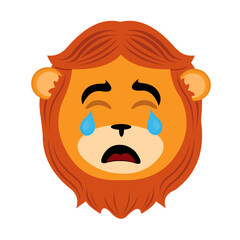 vector illustration face of a cartoon lion with a sad expression, crying with tears in his eyes