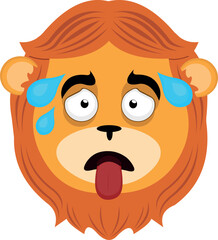 vector illustration face of an exhausted cartoon lion, with his tongue out and drops of sweat on his head