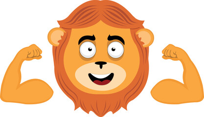 vector illustration face of a cartoon lion with a cheerful expression, showing the biceps of the arms