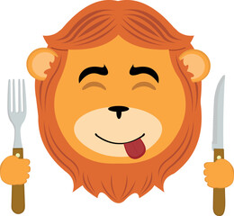 vector illustration face of a cartoon lion with a knife and fork in his hands