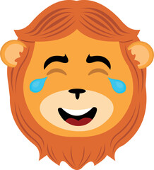 vector illustration face of a cartoon lion with a cheerful expression and tears of laughter
