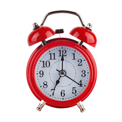 Red alarm clock isolated without background. It's 7 o'clock on the clock. Morning. Top view. PNG