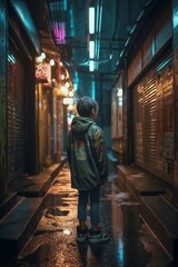 Kid standing in the alleyway in a Cyperpunk Sci Fi Futuristic city at night while it was raining. Neon signs in the background lighting up the image. Created using generative AI.