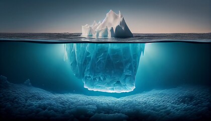 Amazing white iceberg floats in the ocean with a view underwater. Hidden Danger and Global Warming