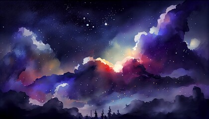Watercolor space texture with glowing stars. Night starry sky with paint strokes and swashes.