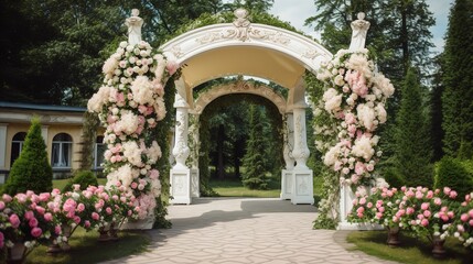Fototapeta na wymiar A Breathtaking Outdoor Wedding Arch Venue: The Perfect Setting for Your Special Day -Generative Ai