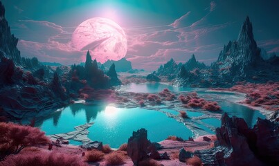 A magical landscape of a turquoise lake surrounded by mountains, trees and bubbles in a vast alien desert. Generative AI
