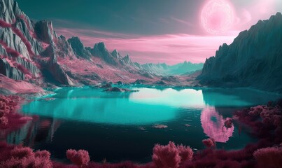 A magical landscape of a turquoise lake surrounded by mountains, trees and bubbles in a vast alien desert. Generative AI