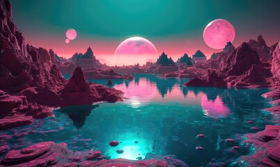 A magical landscape of a turquoise lake surrounded by mountains, trees and bubbles in a vast alien desert. Generative AI