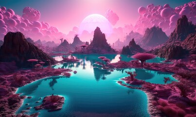 Fototapeta na wymiar A magical landscape of a turquoise lake surrounded by mountains, trees and bubbles in a vast alien desert. Generative AI