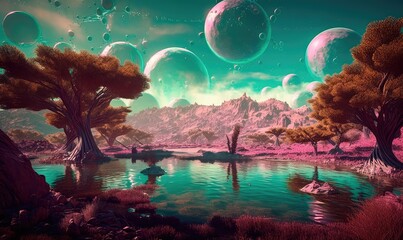 A magical landscape of a turquoise lake surrounded by mountains, trees and bubbles in a vast alien desert. Generative AI