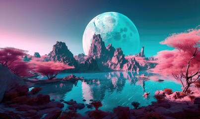 A magical landscape of a turquoise lake surrounded by mountains, trees and bubbles in a vast alien desert. Generative AI