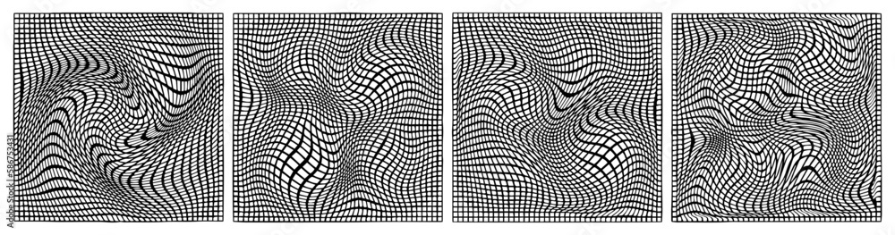 Poster Set of Distorted Grid Shapes. Vector Warped Geometric Background. Abstract Grid Patterns with Wave Illusion