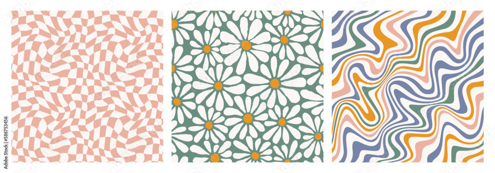 Poster groovy retro psychedelic seamless patterns set. trippy waves, funky checkerboard and daisy flower ve