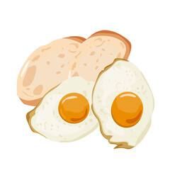 breakfast of two fried chicken eggs with two slices of fresh bread, on a white background