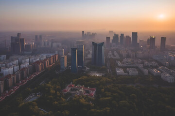 Beijing skyscrapers on sunset. Chinas Beijing City, aerial view. Central Business District of Beijing. Modern financial district skyline on sunset. Skyscrapers in dusk. Ai generative illustration.