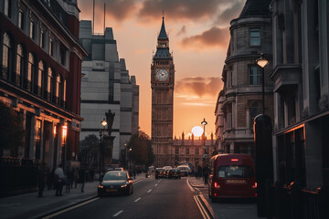 Fototapeta na wymiar Big Ben in London on sunset. Road traffic in London city. Cars traffic on City streets in England, UK, United Kingdom. Traffic jam in London near Big Ben Clock Tower. Ai generative illustration.