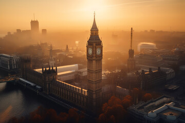 Fototapeta premium Big Ben Clock Tower in London on sunset. Westminster Bridge in London city aerial view. City streets in England, UK, United Kingdom. Big Ben in London, drone view. Ai generative illustration.