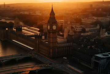 Fototapeta na wymiar Big Ben Clock Tower in London on sunset. Westminster Bridge in London city aerial view. City streets in England, UK, United Kingdom. Big Ben in London, drone view. Ai generative illustration.