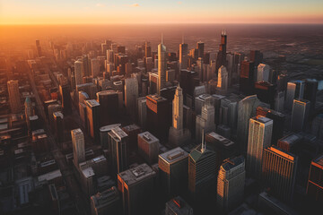 Obraz premium Chicago skyline with skyscrapers on sunset. Chicago City, aerial view. Chicago Modern financial district skyline on sunset. United States Skyscrapers in dusk. Soft focus, Ai generative illustration.