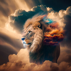 león en las nubes  resplandeciendo su gloria con luces del sol - obrazy, fototapety, plakaty