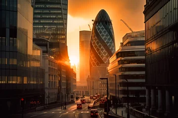 Foto op Plexiglas Tower Bridge London streets at sunset. Road traffic in London. Banking district in city center of United Kingdom. Morning sunrise in England. Cityscape UK. Willis Building, Tower Exchange. AI Generative.