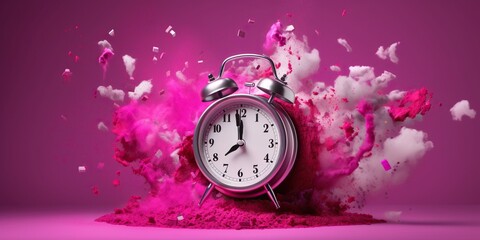 Exploding alarm clock on magenta background, concept of Time Management and Power of Color, created with Generative AI technology - obrazy, fototapety, plakaty