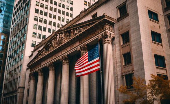 Federal Reserve Bank of Chicago. American flag on Federal Reserve Bank. Federal Reserve and Global banking crisis. Collapse of dollar and exchange rate. Bank failure, Banking collapse, Ai generative