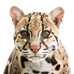 an isolated ocelot jungle cat face portrait, front view, side view, safari-themed photorealistic illustration on a transparent background cutout in PNG, generative ai