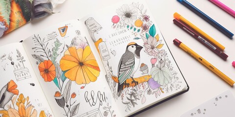 A beautifully organized bullet journal with colorful hand drawn illustrations creative layouts, concept of Personalization and Creative Layouts, created with Generative AI technology