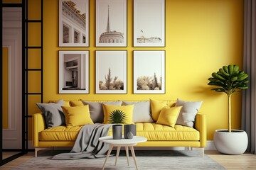 Nice living room with modern furniture and bright yellow walls. Ai generated.