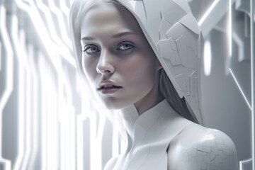 Futuristic woman portrait with pale skin and mystic eyes, fictitious person. AI generated image
