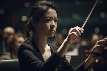 A woman directs an orchestra with the baton. Ai generated. - obrazy, fototapety, plakaty