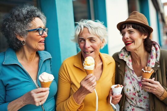 Three older women enjoy eating ice cream, celebrating their friendship in old age. Ai generated.