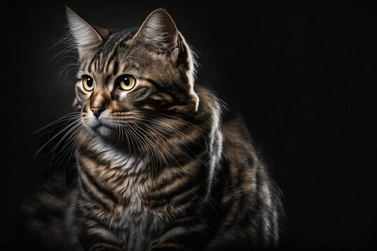 Portrait of a furry, calm cat posing on a black background. Ai generated.