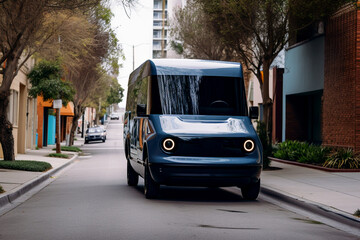 Fototapeta premium Electric Van Delivering on road. Driver of Electric cargo van delivers the parcel to the customer. Modern Delivery truck. Electric delivery van in New York City. Ai Generative illustration.