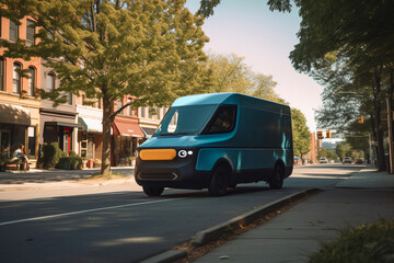 Fototapeta na wymiar Electric Van Delivering on road. Driver of Electric cargo van delivers the parcel to the customer. Modern Delivery truck. Electric delivery van in New York City. Ai Generative illustration.