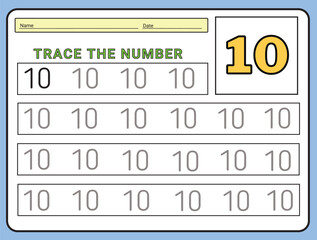Numbers 10 tracing  practice worksheet. Learning Number activity page Printable template Vector illustrations