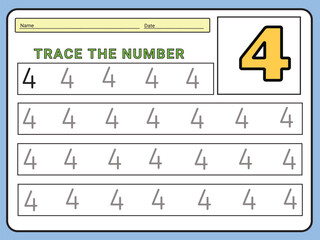 Numbers 4 tracing  practice worksheet. Learning Number activity page Printable template Vector illustrations