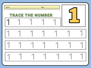Numbers 1 tracing  practice worksheet. Learning Number activity page Printable template Vector illustrations