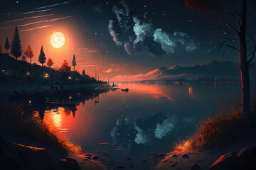 Fototapeta na wymiar Night mountain landscape with the moon reflected in the lake, illustration generative AI